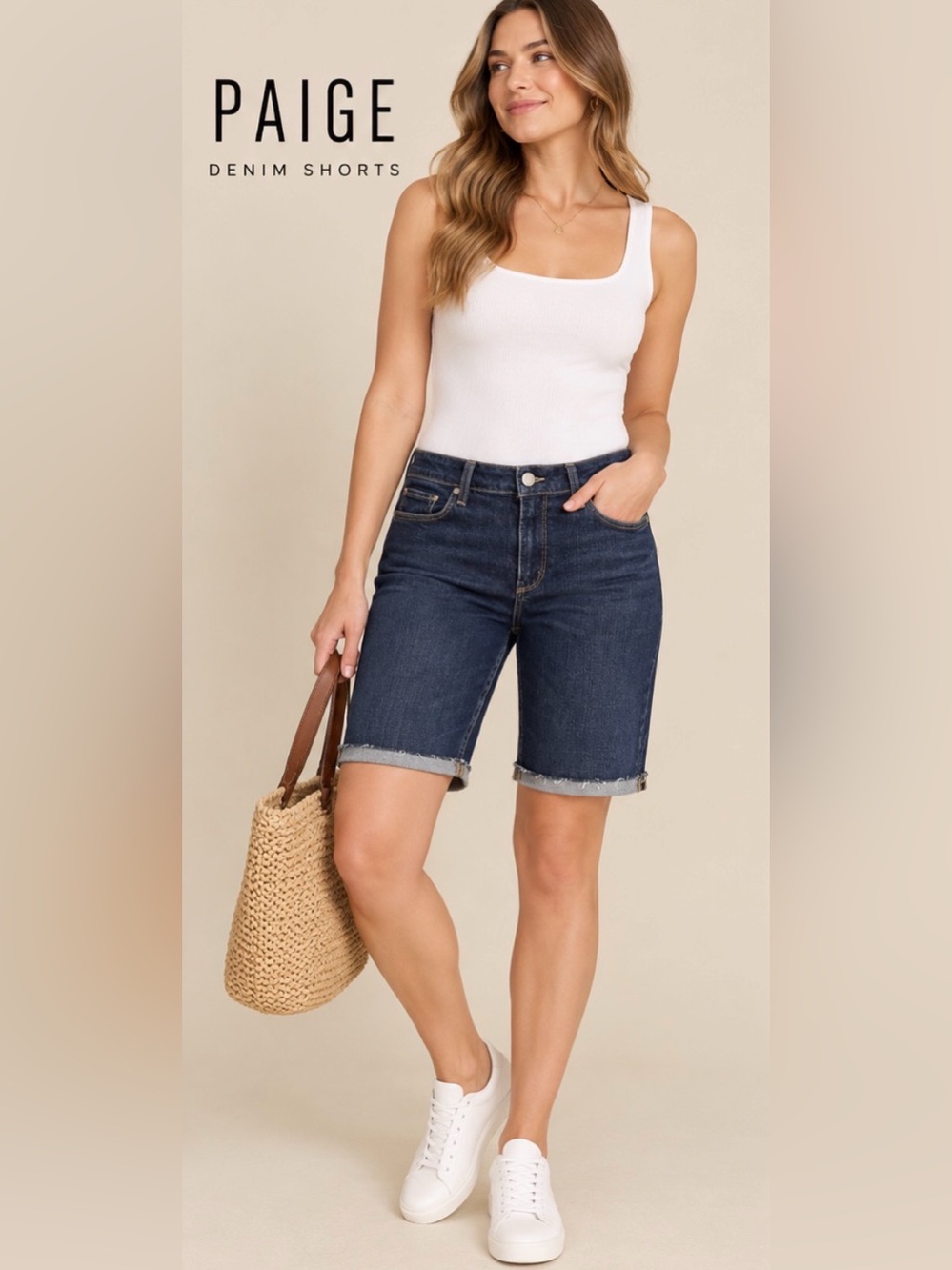 PAIGE Women’s Bermuda Denim Short Size 29 Dark Wash Stretch Cuffed Raw Hem Jorts